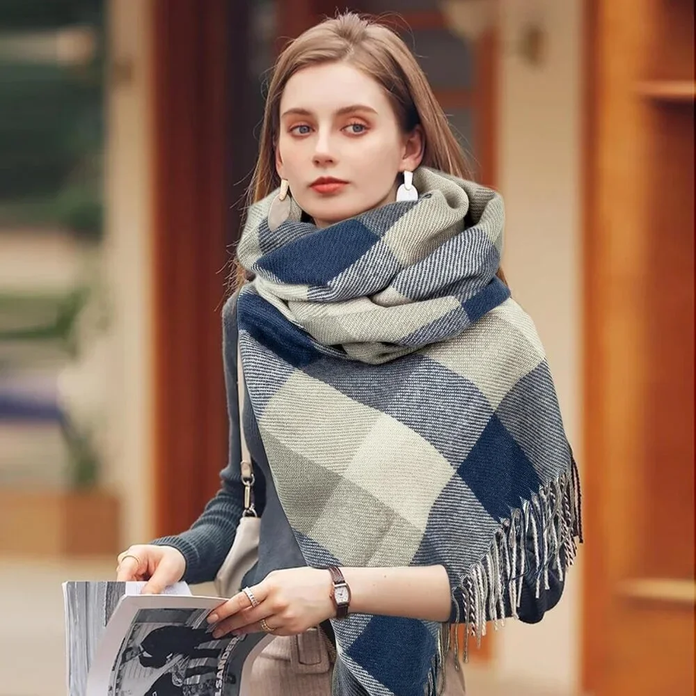 Women's blue Grey Lattice Scarf Fashion Long Plaid Shawls Wraps Big Grid Winter - Picture 6 of 6